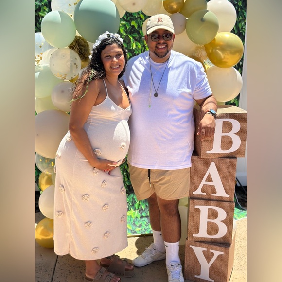 Cream Spaghetti Strap Backless 3D Flowers Maternity Maxi Dress - Picture 5 of 6